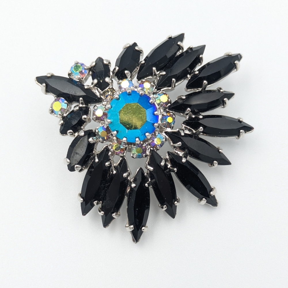 Vintage black and AB aurora borealis rhinestone large brooch pin
